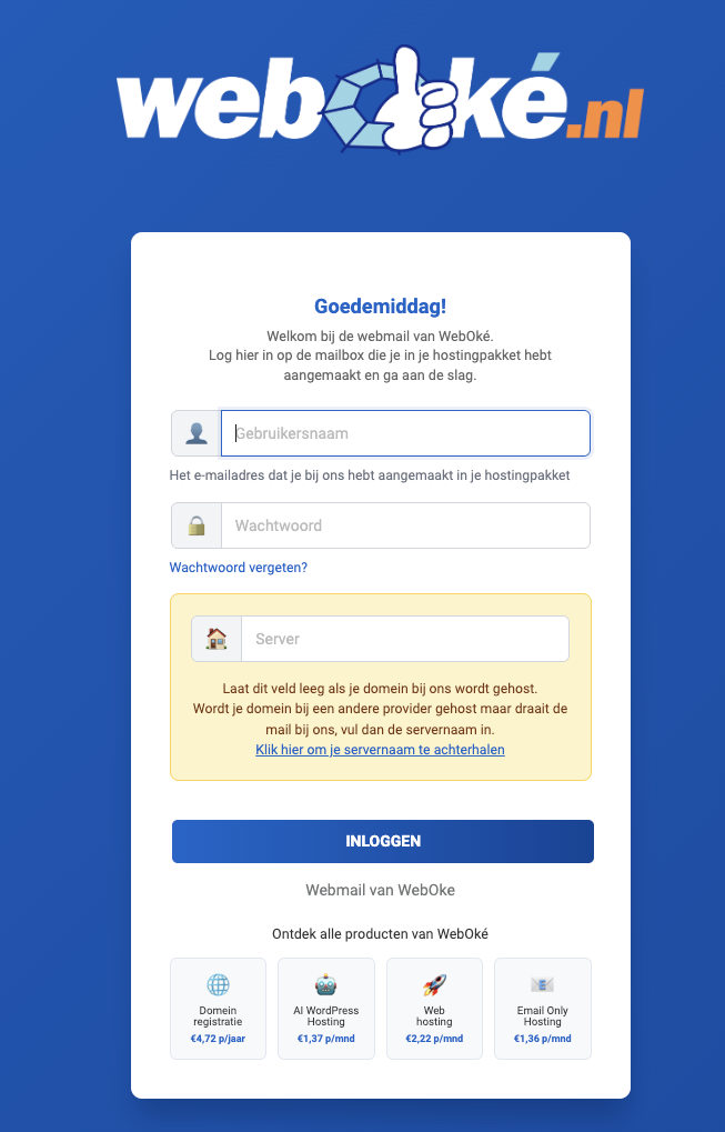 WebOké webmail bejelentkezési képernyő