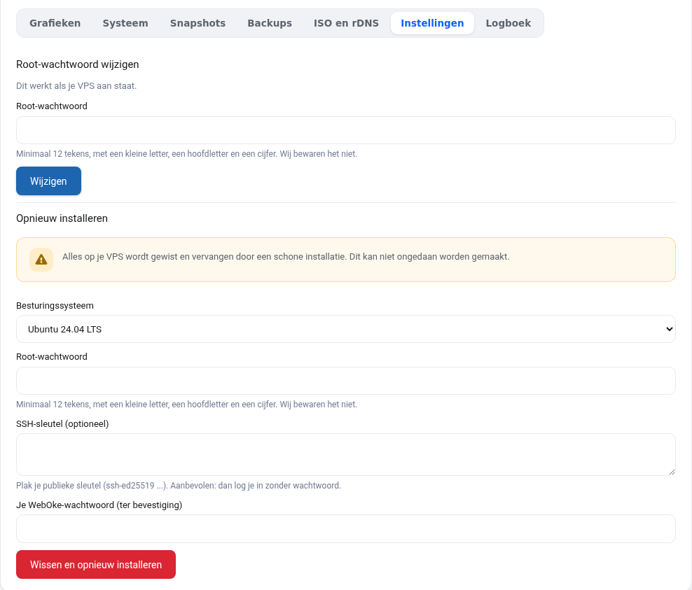 A Beállítások fül a Root jelszó módosítása és az Újratelepítés lehetőséggel