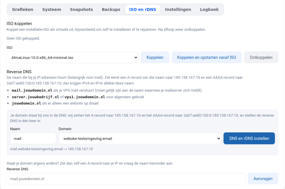 Az ISO és rDNS fül az ISO-választóval, valamint a Csatolás és Leválasztás gombbal