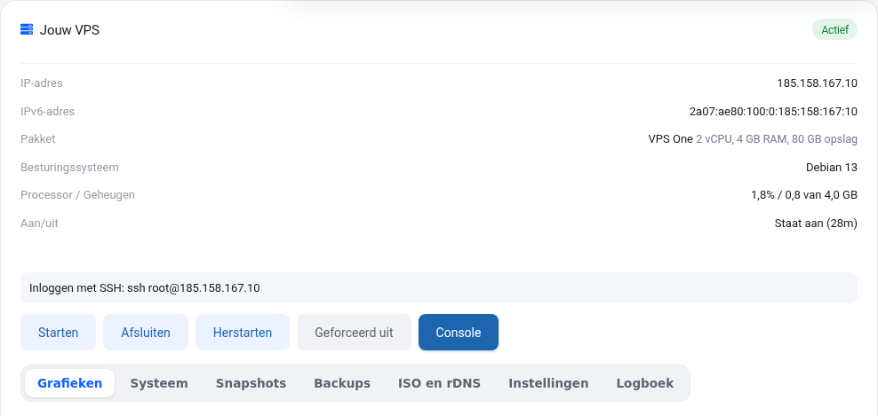 A VPS-képernyő az IP-címekkel, a csomaggal, a gombokkal és a fülekkel