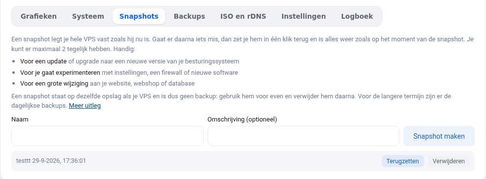 A Snapshotok fül a snapshot készítésével, visszaállításával és törlésével